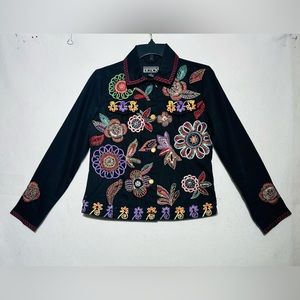 BERER COLLECTION Designer Embroidered, Sequin/Beaded Blk Denim  JACKET Sz Small